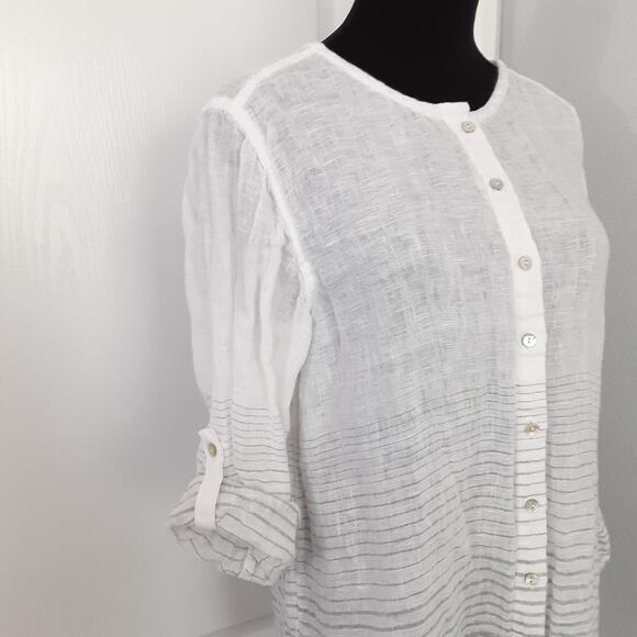 Kenar 100% Linen Button Down Shirt Roll Tab White Stripe Womens M Resort Summer - Picture 5 of 11